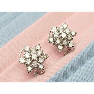 Beautiful 14K Solid White Gold Round Cut Diamond French Clip Flower Earrings